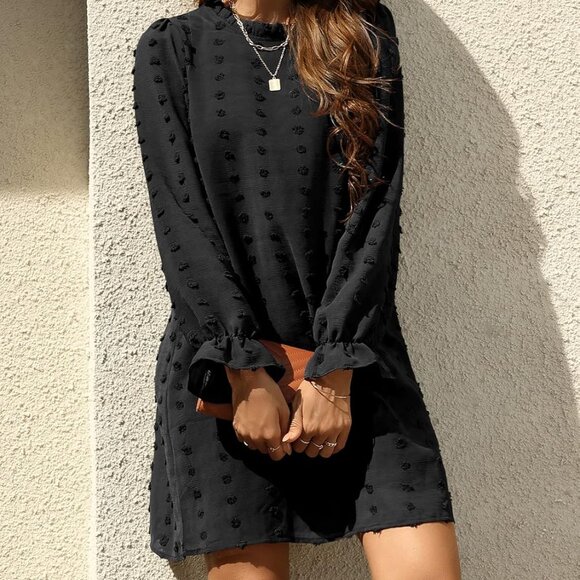 Women's Swiss Dot Long Sleeve Mini Dress Casual Flowy Chiffon for Women - Picture 5 of 6